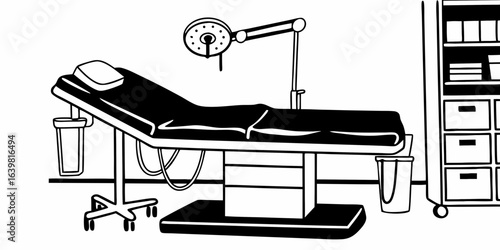 Illustration of an operating room with a surgical table and medical cabinet in black and white style on transparent background