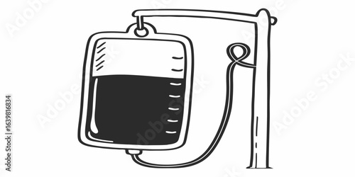 Illustration of a blood bag hanging on an iv drip stand with a visible fluid level indicator line on transparent background