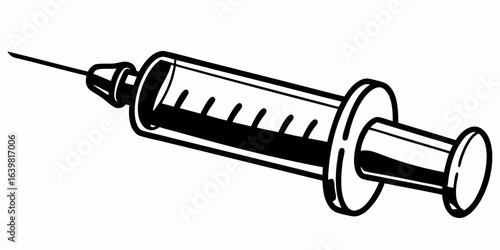 A black and white illustration of a syringe with a needle and plunger for medical injections use only on transparent background