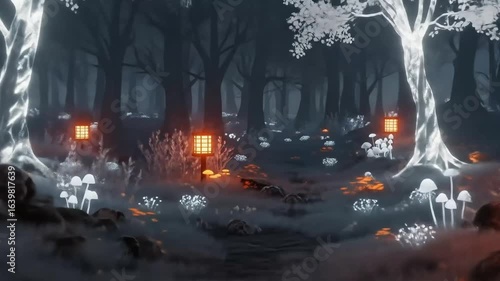 A mystical forest path glows with enchanting lanterns and bioluminescent fungi under the cover of night.