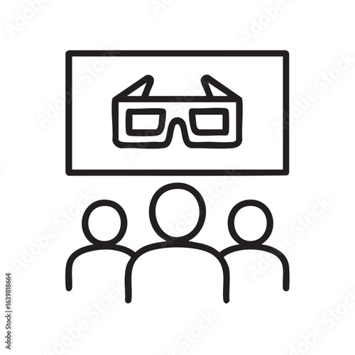 Minimalist Icon Depicting People Watching a 3D Movie in a Theater Featuring Simple Line Art