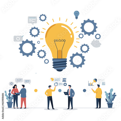 An illustration of a team of diverse people brainstorming a new idea around a large lightbulb