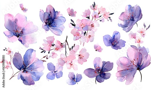 Delicate watercolor blossoms in shades of pink and purple