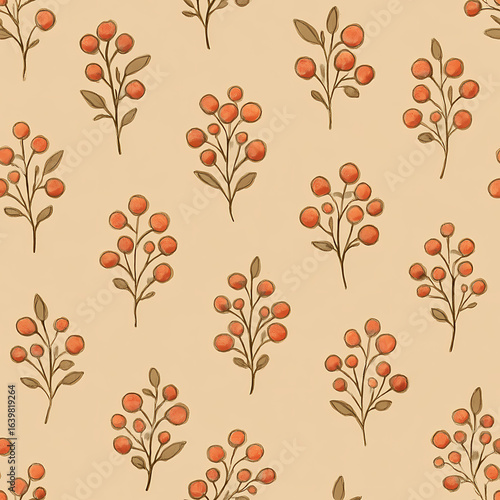 Seamless pattern of stylized orange berries and brown leaves on a light background.
