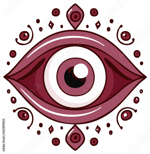 Abstract spiritual eye design with decorative mystical protective elements and vibrant burgundy tones