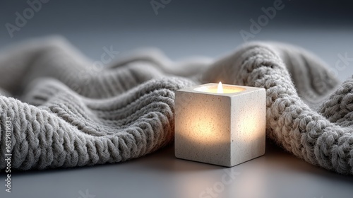 Minimalistic candleholder in Copenhagen casting warmth on cozy knit blanket