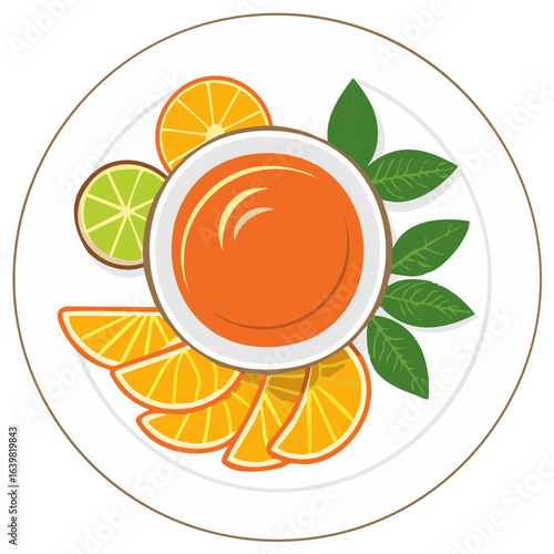 Overhead view of a delicious orange dip with fresh citrus fruits and green herbs on a plate.