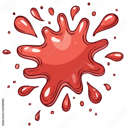 Dynamic red liquid splat with splashes and drops in a cartoon style