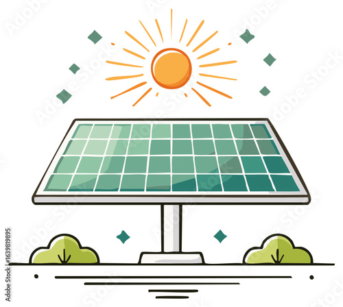 Stylized solar panel system capturing bright sunlight and clean energy with surrounding foliage