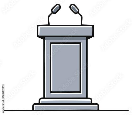 Illustrated graphic of a gray podium with microphones for public speaking or debate