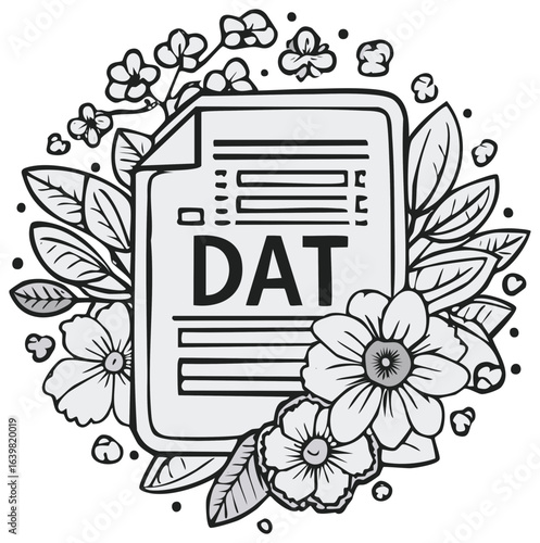 Hand drawn DAT file document icon with flowers and leaves illustration