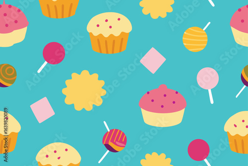 A cute seamless vector pattern for a bakery set featuring easter eggs, cupcakes, and flowers with heart icons