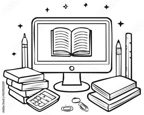 Online education doodle with computer monitor books and school supplies illustration