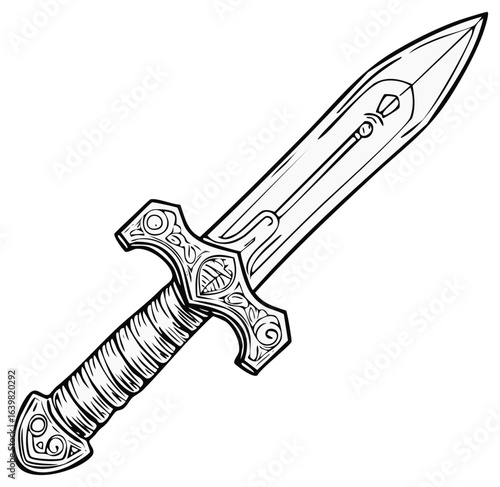 Intricate fantasy sword illustration with ornate hilt and sharp blade in detailed line art style