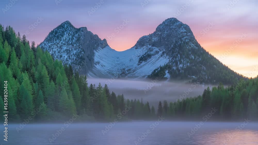 Serene mountain range at dawn with misty lake and pine forest landscape ...