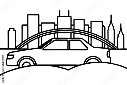 Urban Bridge Traffic with City Skyline Vector Illustration