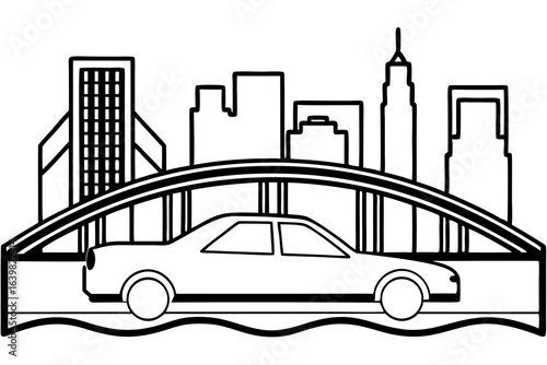 Urban Bridge Traffic with City Skyline Vector Illustration