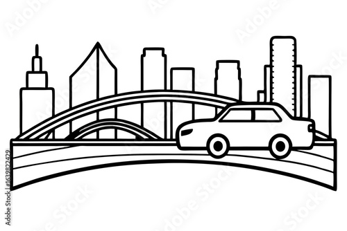 Urban Bridge Traffic with City Skyline Vector Illustration