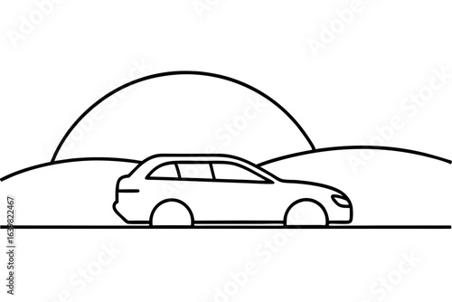 Car Driving Into Sunset on Open Road Horizon
