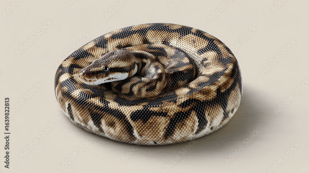 Fototapeta premium detailed close up of coiled ball python displaying its intricate brown and black patterned scales against plain background