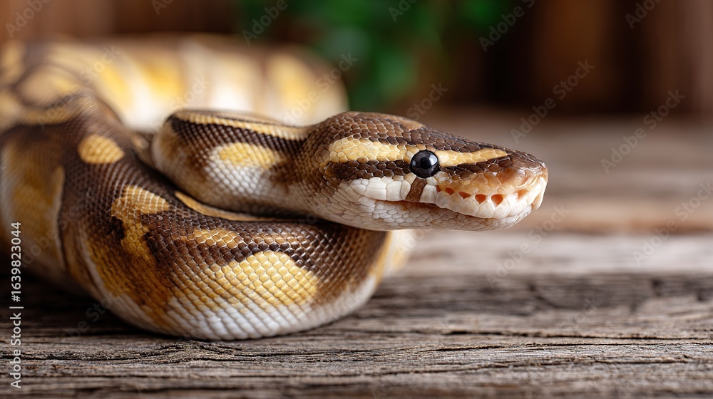 Obraz premium Close up view of coiled ball python snake with detailed scales and visible eye resting on weathered wooden planks