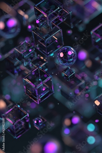 Abstract 3D Render with Cubes and Spheres in Purple and Teal