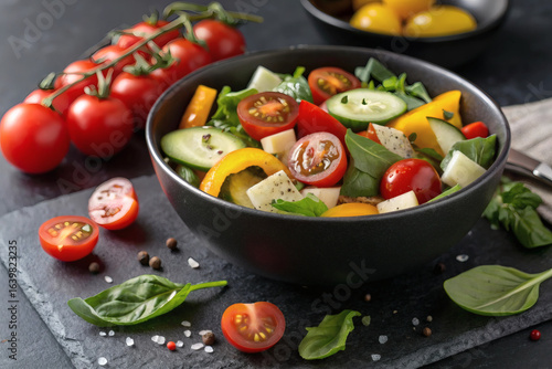 Healthy mixed salad in a black ceramic bowl, overflowing with greens, red cabbage, carrots, and tomatoes, highlighted by dramatic lighting against a dark background.