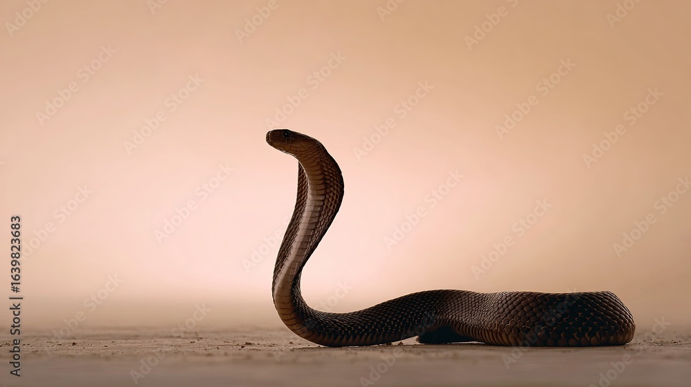 Fototapeta premium cobra snake with its head raised and hood flared coiled on ground against softly lit background