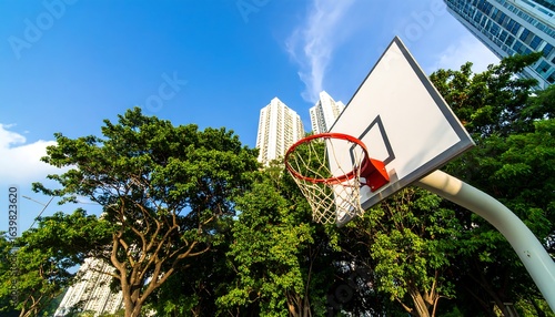 Wallpaper Mural Basketball hoop amidst lush green trees and high-rise buildings. Torontodigital.ca