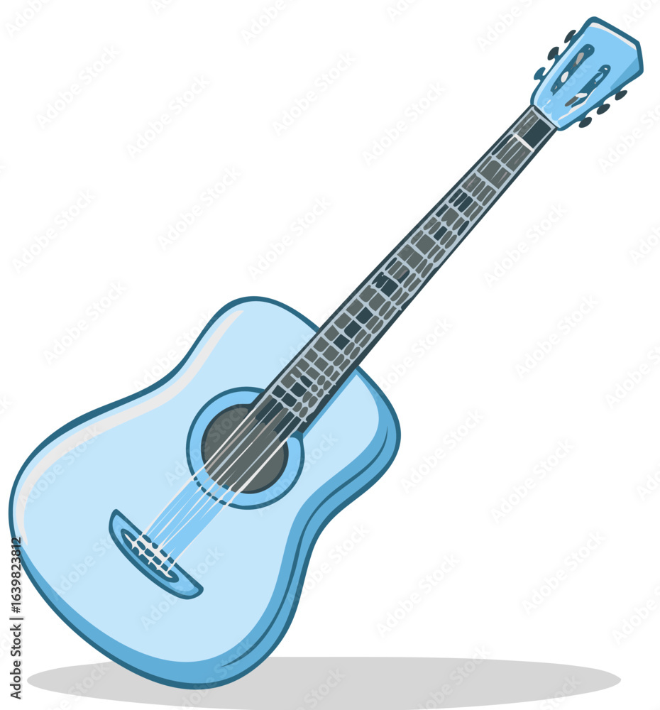 Obraz premium Light Blue Acoustic Guitar Illustration with Six Strings and Neck Frets for Musical Expression