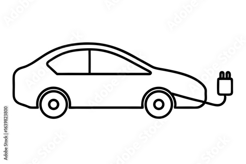 Electric Car with Charging Cable - Outline Vector Icon

