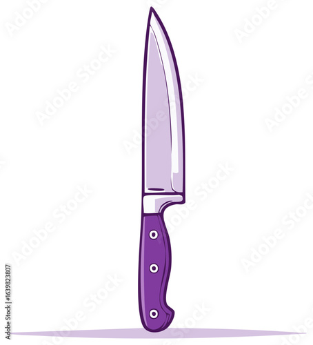 Sharp Kitchen Knife with Purple Handle and Metal Blade in Stylized Drawing