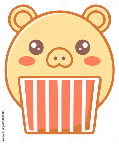 Cute kawaii pig character in a striped cupcake or popcorn bucket illustration