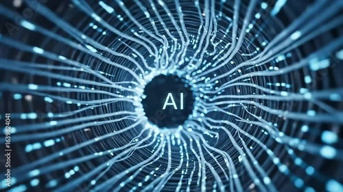 Abstract digital network lines with glowing data points funnel into a central AI concept, illustrating technological advancement.