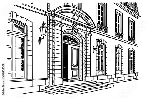 A precise black ink drawing of a historic French chateau front door — arched with ornate stone carvings, lanterns hanging from the keystone, fluted columns, and tall windows with divided panes.