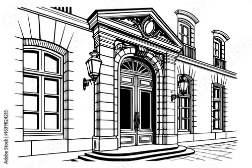 A precise black ink drawing of a historic French chateau front door — arched with ornate stone carvings, lanterns hanging from the keystone, fluted columns, and tall windows with divided panes.