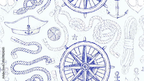 Nautical themed background with ship wheels, anchors, ropes and a captain's hat in blue and white colors silhouette