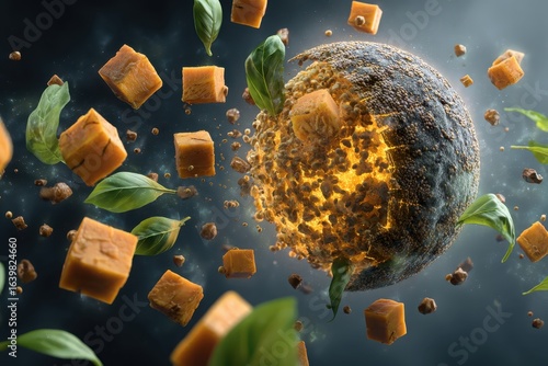 Abstract Food Composition: Cheese Cubes, Basil Leaves, and Textured Sphere