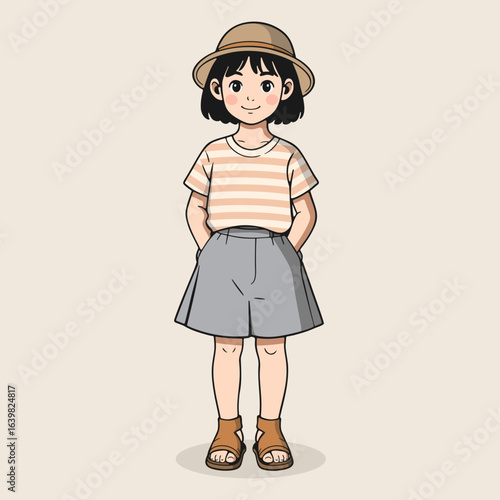Girl in shorts, T-shirt, sandals and hat with joyful