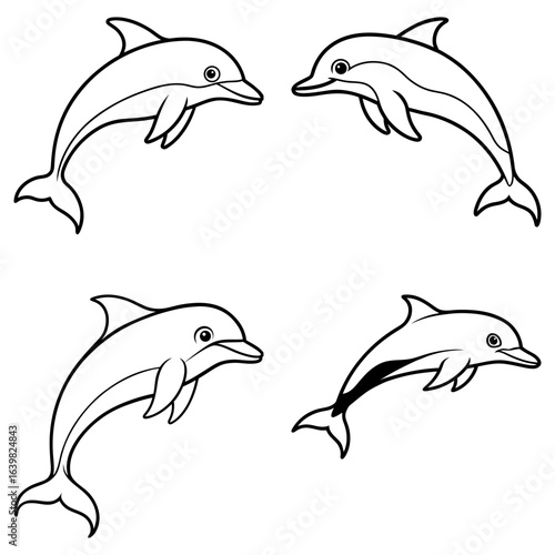 Four outlined dolphins in various poses jumping and swimming in a simple black and white illustration