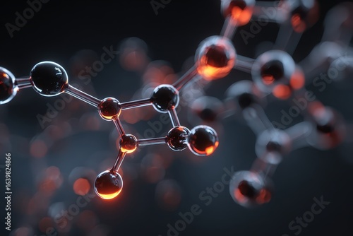 Abstract Molecular Structure: Glowing Red and Black Spheres Connected by Glass Rods