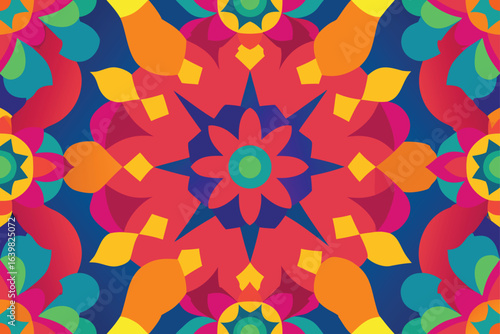 Psychedelic kaleidoscope flower pattern with a round fractal geometric and colorful texture