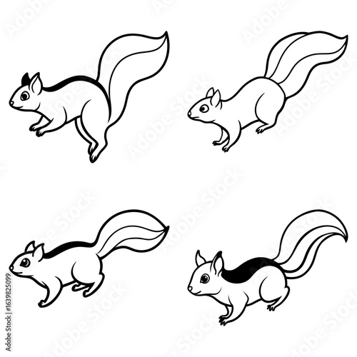 Four cartoon squirrels in different poses with bushy tails and simple black and white line drawing style