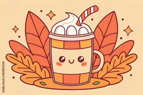 Cute Autumn Latte with Leaves and Whipped Cream