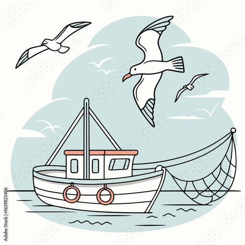 Seagulls gracefully hovering above a fishing boat at sea, capturing a serene maritime moment.