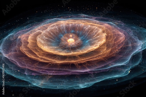 Abstract Nebula Formation with Glowing Center and Layered Structure on Black Background