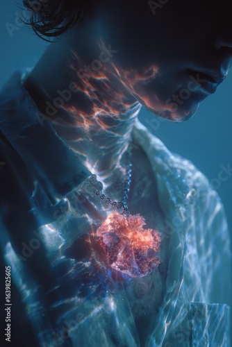 Abstract Portrait of Person with Coral Necklace in Blue Light and Water Reflections