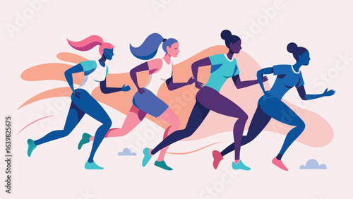 A diverse group of people sprinting together during a competitive race on a sunny day..eps