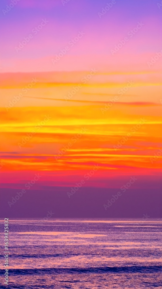 Fototapeta premium A vibrant sunset paints the sky in shades of orange, pink, and purple, reflecting on the calm ocean waves, while fluffy clouds add texture to the scene.