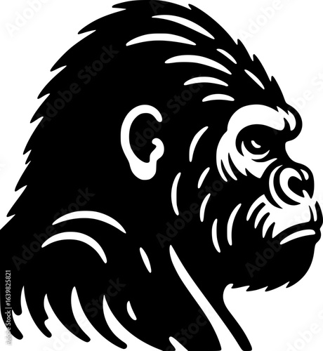Simplified black and white vector of a gorilla profile with bold shapes and minimal detail, suitable for gaming design or logo